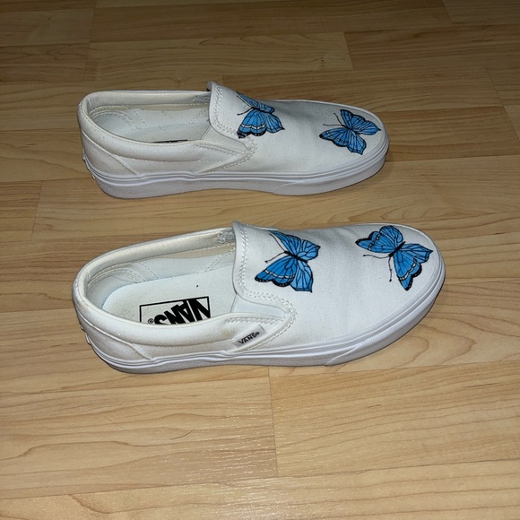 White slip on vans with painted on blue butterflies - Picture 3 of 4
